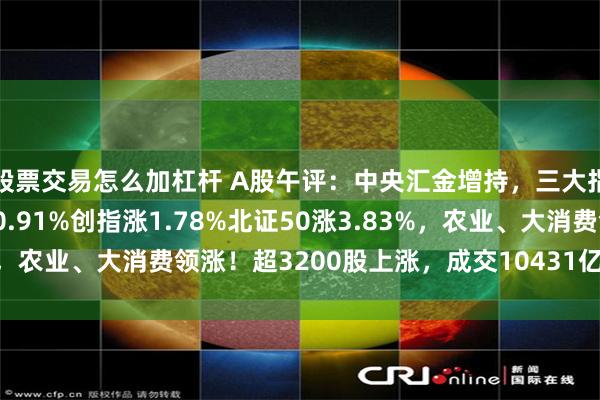 股票交易怎么加杠杆 A股午评：中央汇金增持，三大指数集体反弹，沪指涨0.91%创指涨1.78%北证50涨3.83%，农业、大消费领涨！超3200股上涨，成交10431亿缩量461亿