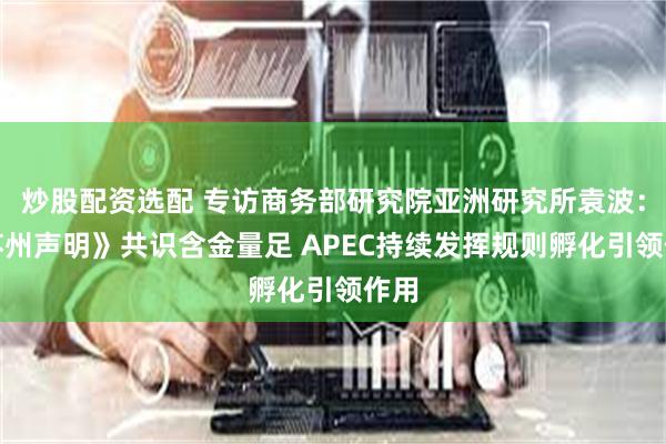 炒股配资选配 专访商务部研究院亚洲研究所袁波：《苏州声明》共识含金量足 APEC持续发挥规则孵化引领作用